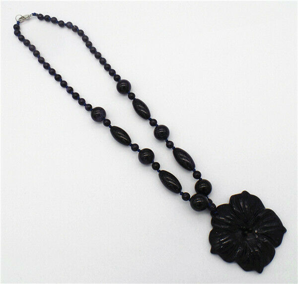 1 Strand 50x8mm Blue Sand Stone Carved Flower Pendant Beaded Necklace HH7332