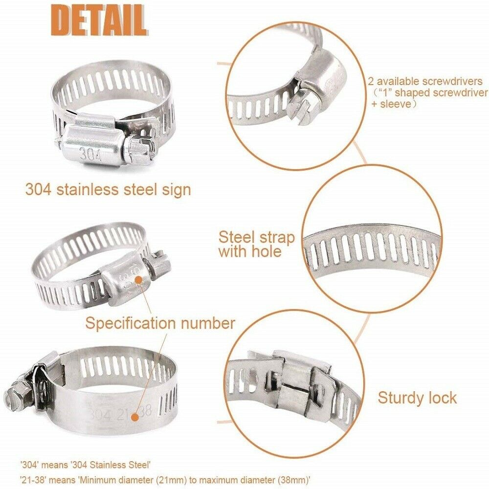60Pcs 8-38mm 304 Stainless Steel Hose Clamps Clips Clamp Assortment Kit for
