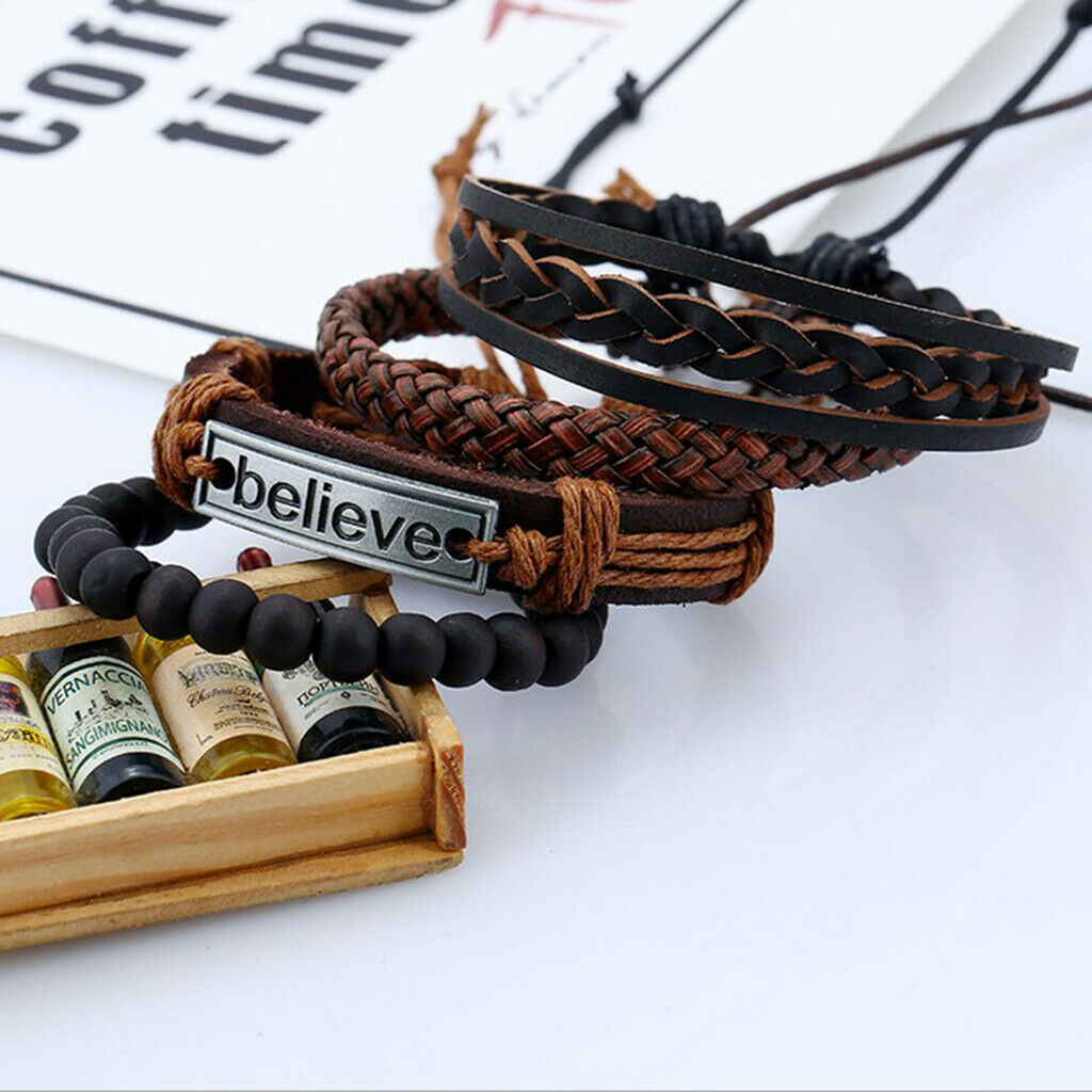HOT 4Pcs Mens Leather Bracelet BELIEVE Carved Adjustable Multilayer Bangles
