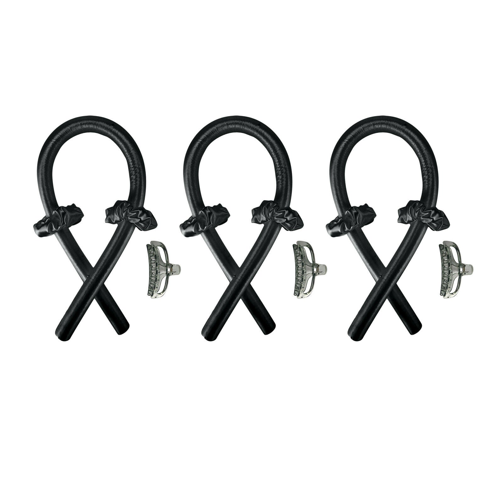 3x Heatless Curling Rod Headband Silk Ribbon Formers DIY Hair Styling Black