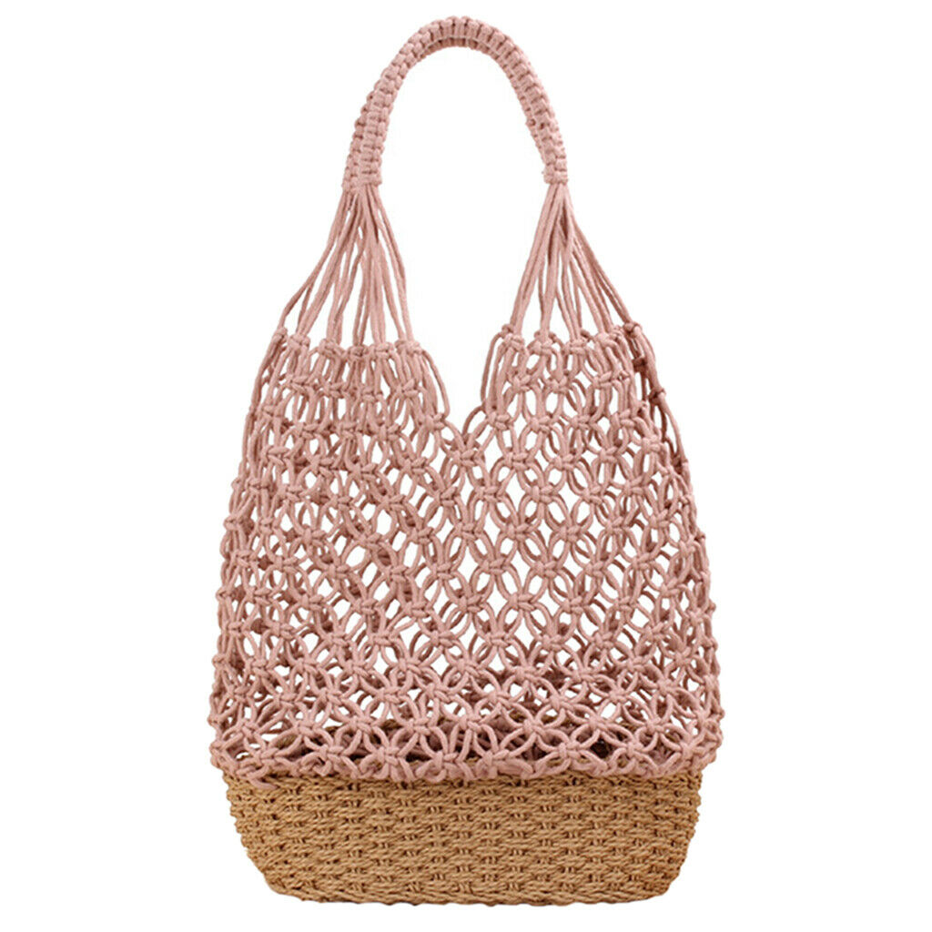 2PCS Womens Straw Shoulder Bag Beach Shopping Bag Woven Bag Purse Pink+White