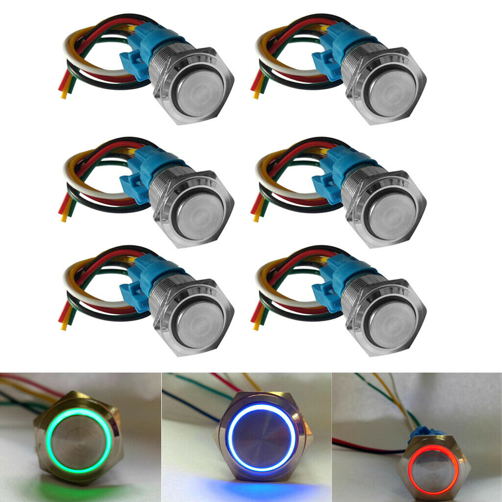 6PCS 220V LED 16mm Self-lock Push Button Switch w/ Wire Red+Blue+Green