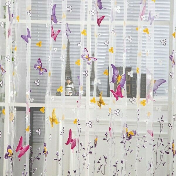 2x Colorful Buttefly Flower Sheer Voile Window Scarf