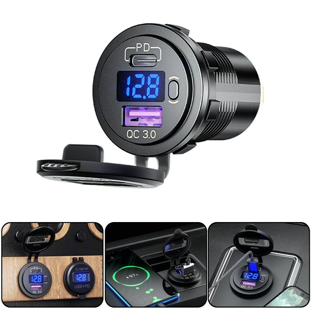Adapter QC3.0 12V Car Boat Charger Socket Voltmeter With Switch L4-A Blue Light