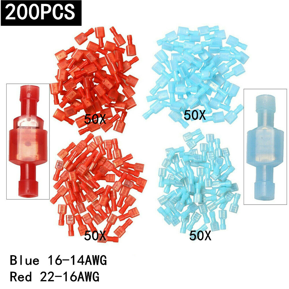 200pcs Red/Blue Male & Female Nylon Quick Disconnect Connectors Terminals Kit