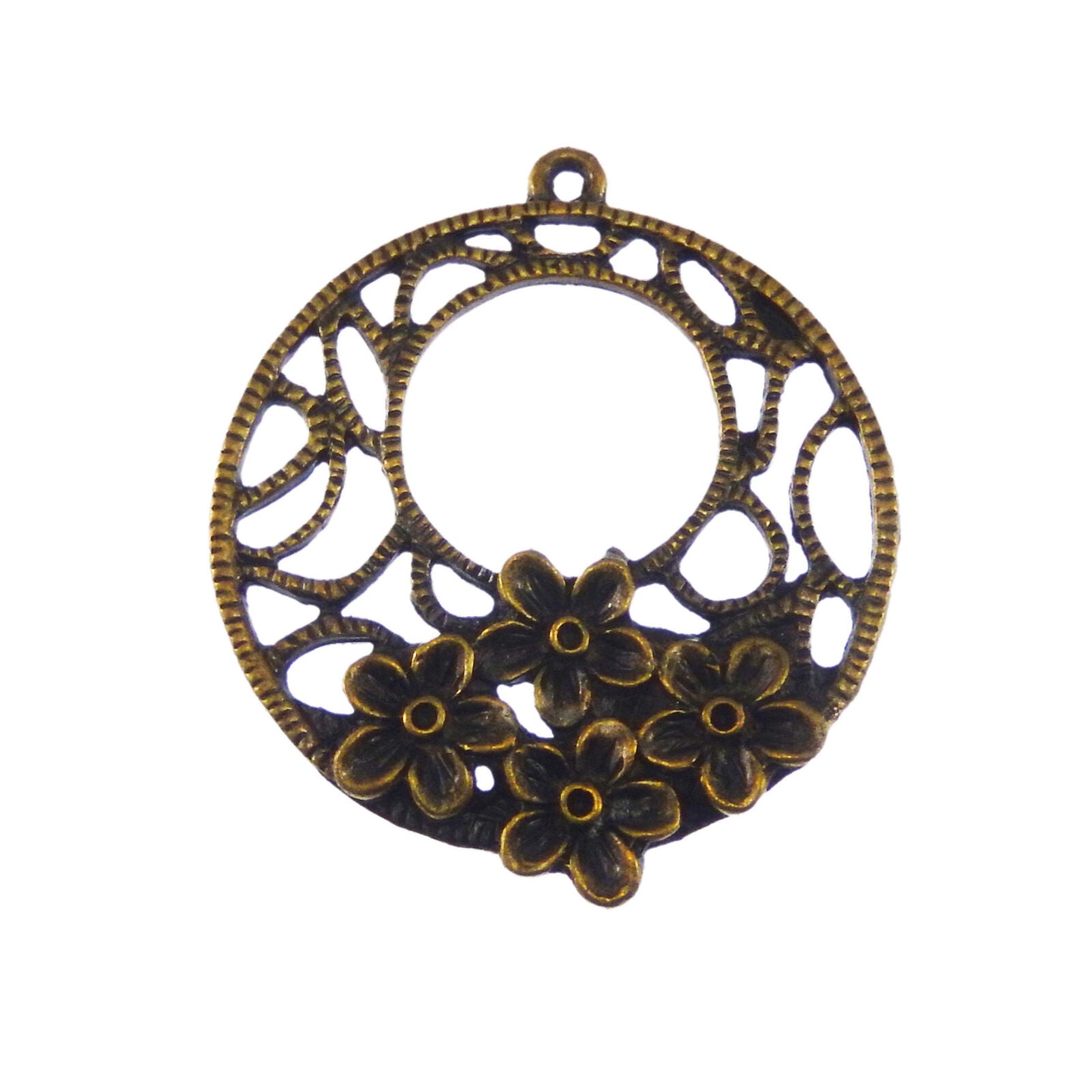 12 pcs Antiqued Bronze Alloy Hollow Floral Charm Round For Pendant Dangle 35mm