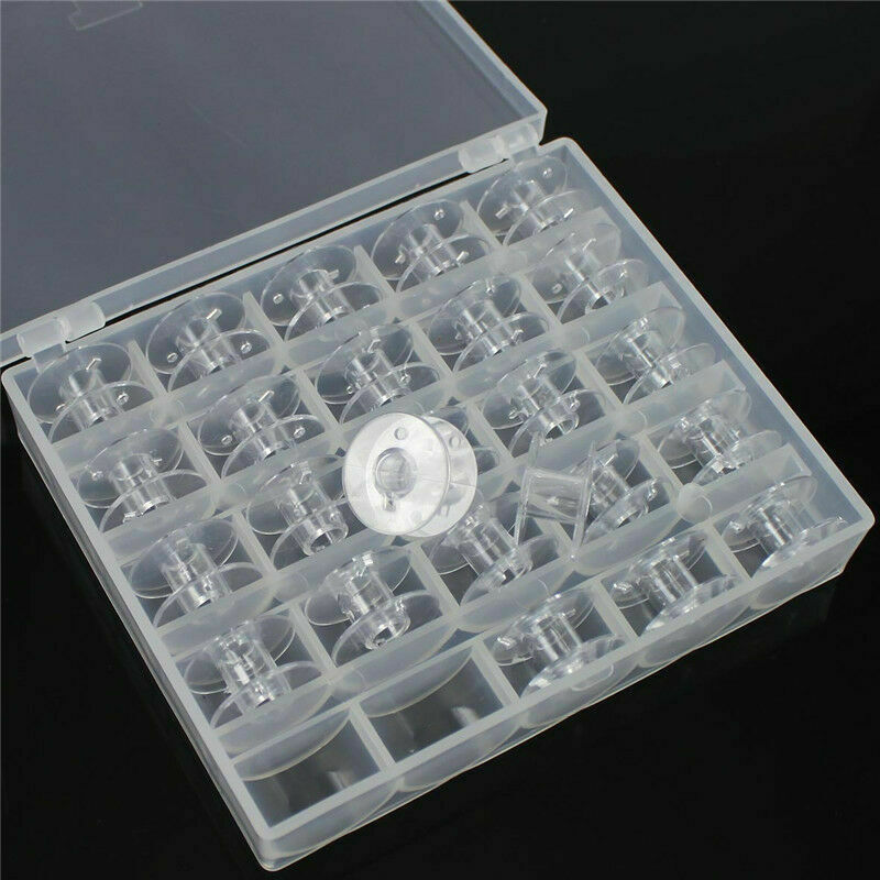 25 PLASTIC BOBBINS SPOOLS FOR SEWING MACHINE ACCESSORY WITH BOBBIN CASE BOX