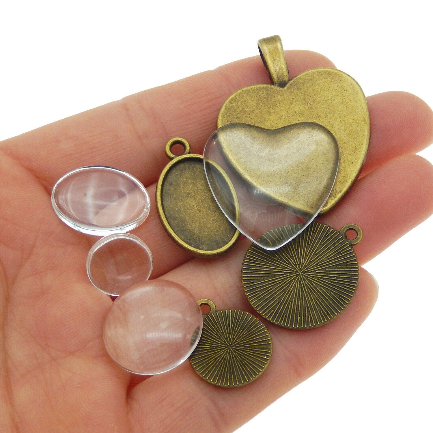 8Sets/lot Alloy Mixed Bronze Round Setting Blank Tray Glass Cab Pendant Jewelry