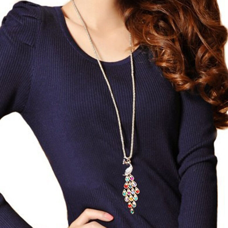 Trendy Peacock Pendants Long Colorful Crystal Necklace for Women Beauty Lt