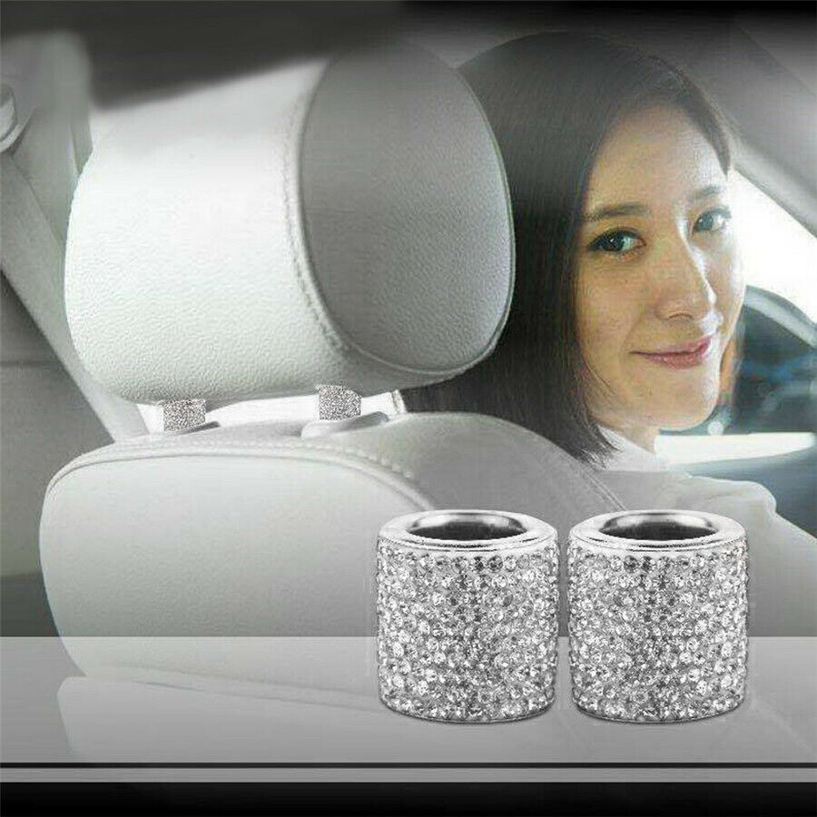 8Pcs Seat Headrest Collar Decor  + Interior Door Lock Knob Bling Car Interior