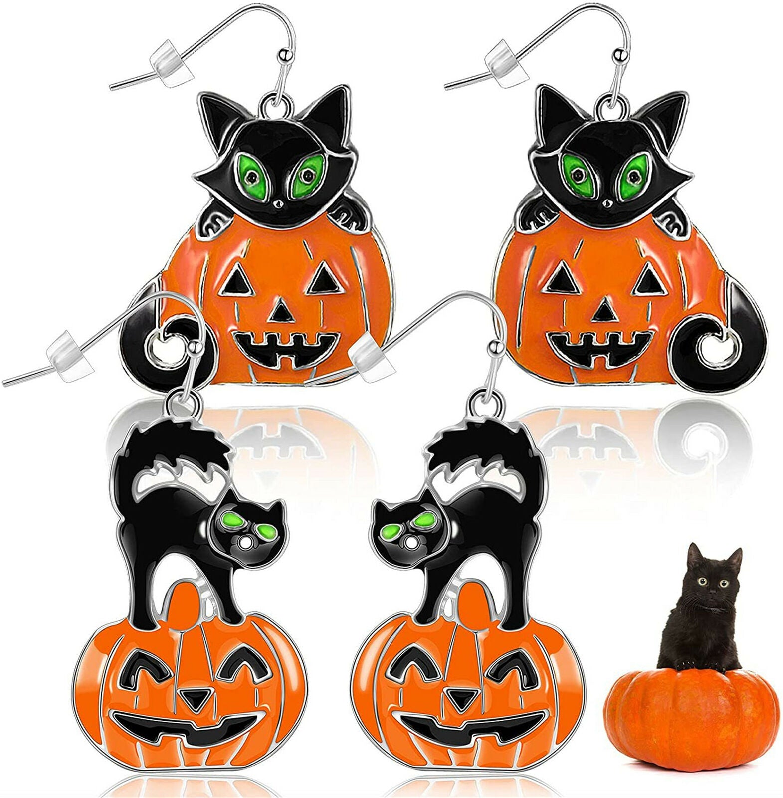 2 Pair Colorful Enamel Alloy Earrings Halloween Pumpkin Cat Pendant Ear Hooks