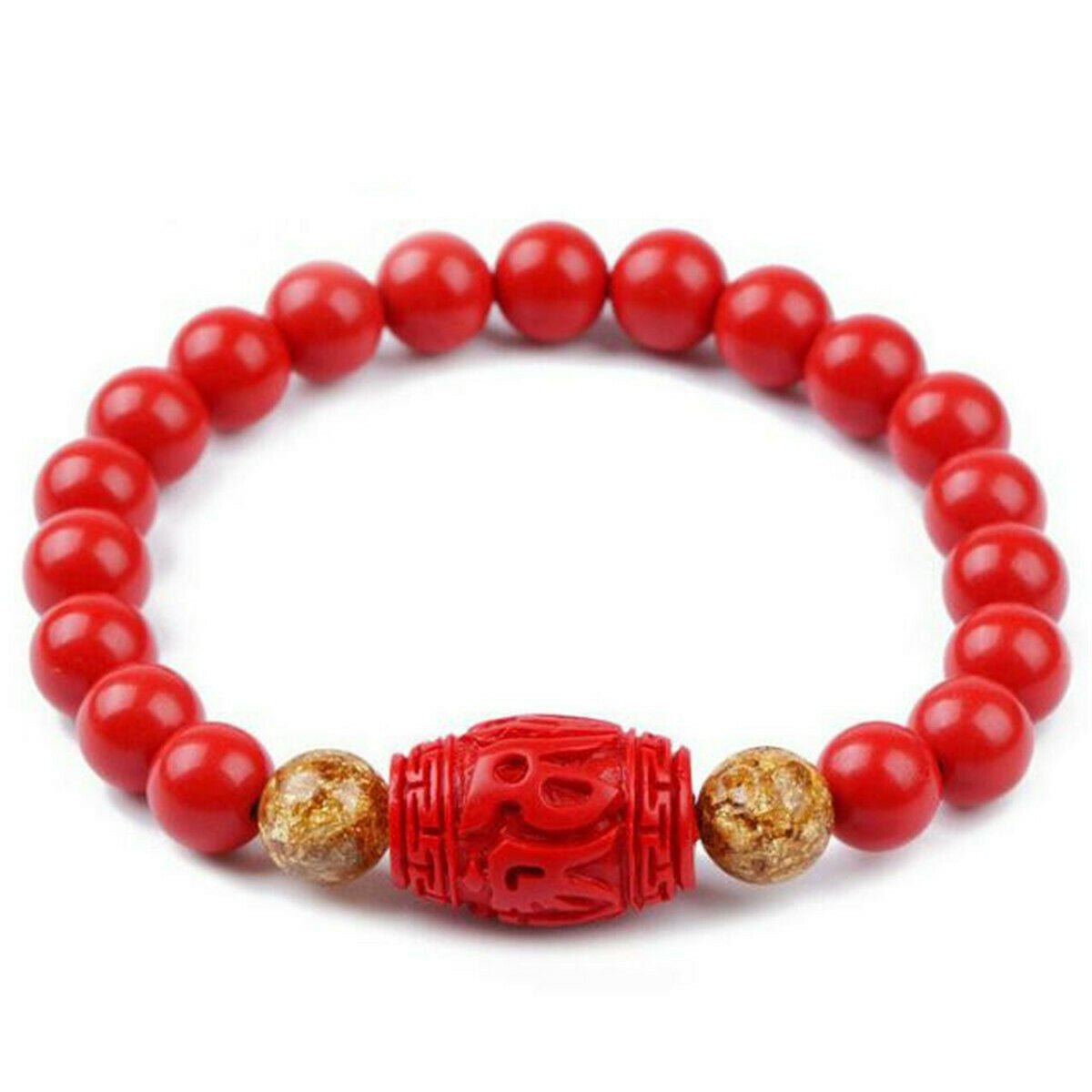 Chinese 8MM Natural Red Organic Cinnabar Elastic Bracelet Lucky Amulet