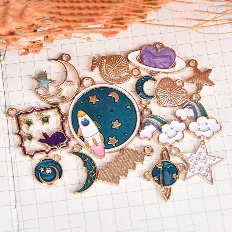 15pcs Mixed Star Moon Universe Enamel Charms Pendant DIY Jewelry Making FinDEAU