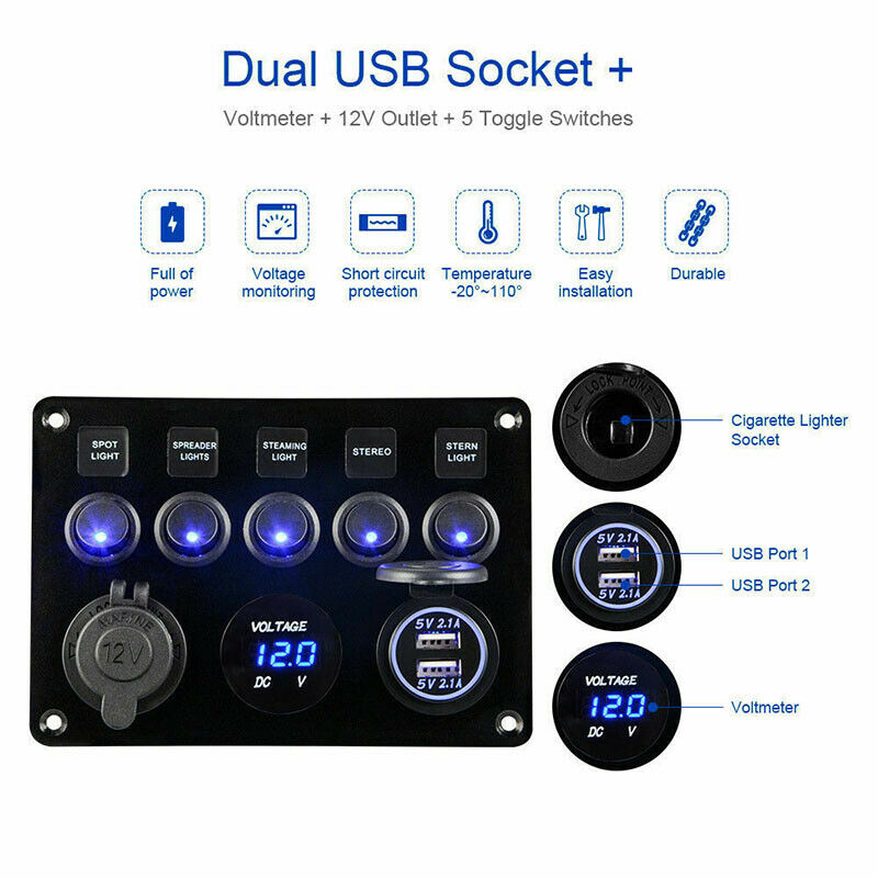 5 Gang Switch Panel 12V/24V Car Boat Marine Blue LED Rocker Breaker ControlsBDA