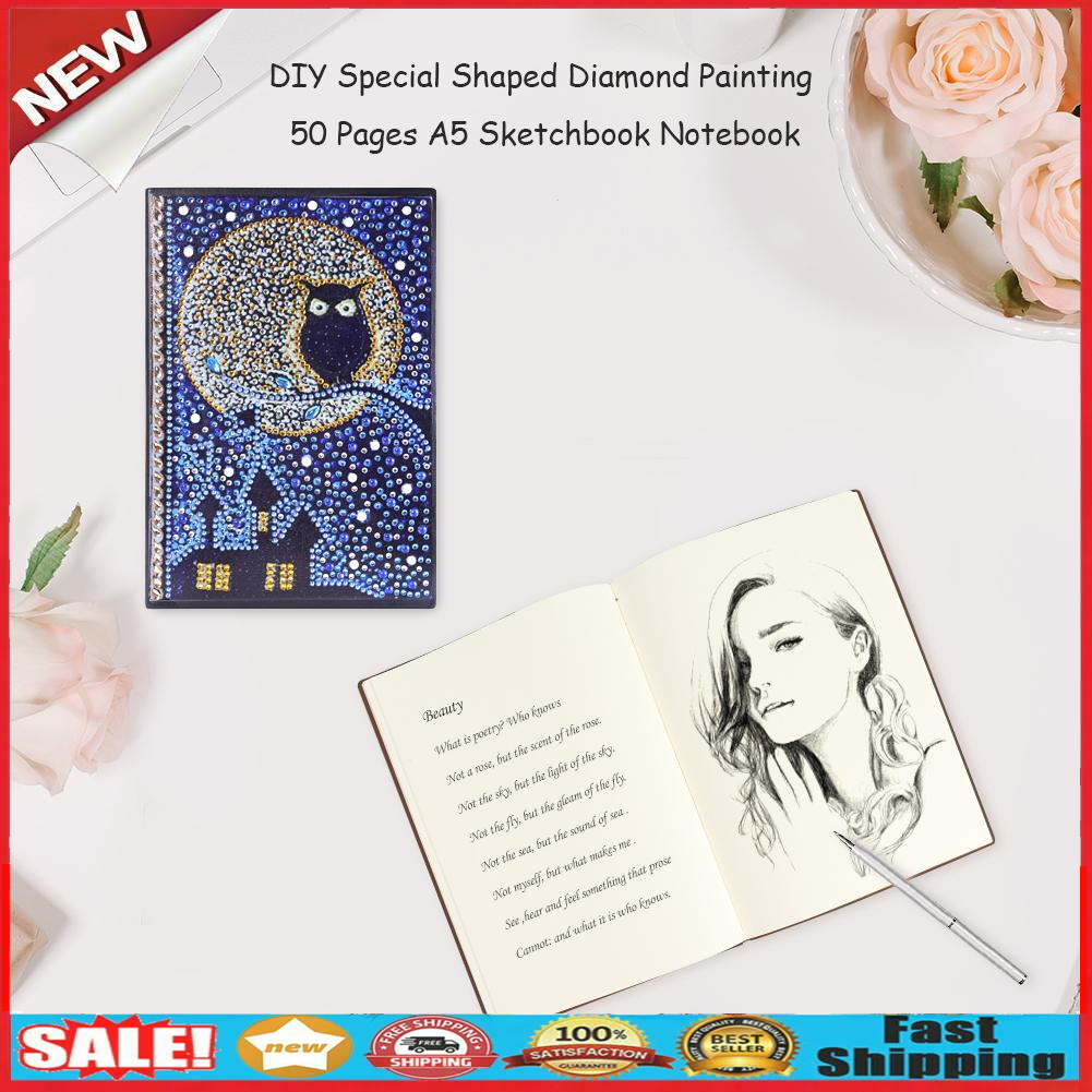 DIY Owl Special Shaped Diamond Painting 50 Pages A5 Sketchbook Drawing Book @