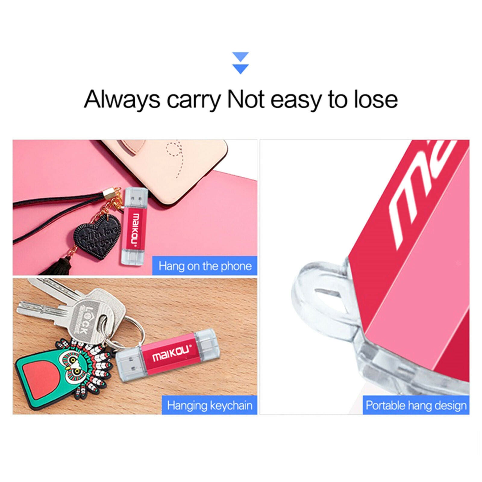 64G USB Flash Drive Type-C&Micro USB Memory Stick for IOS/Android Red