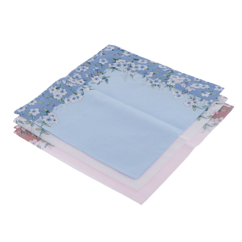 3pcs Women Cotton Handkerchiefs Flower Floral Hanky Kerchiefs Ladies Hankie