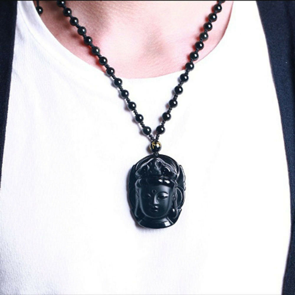 Natural Black Obsidian Carved Buddha Head Lucky Amulet Pendant Necklace Women