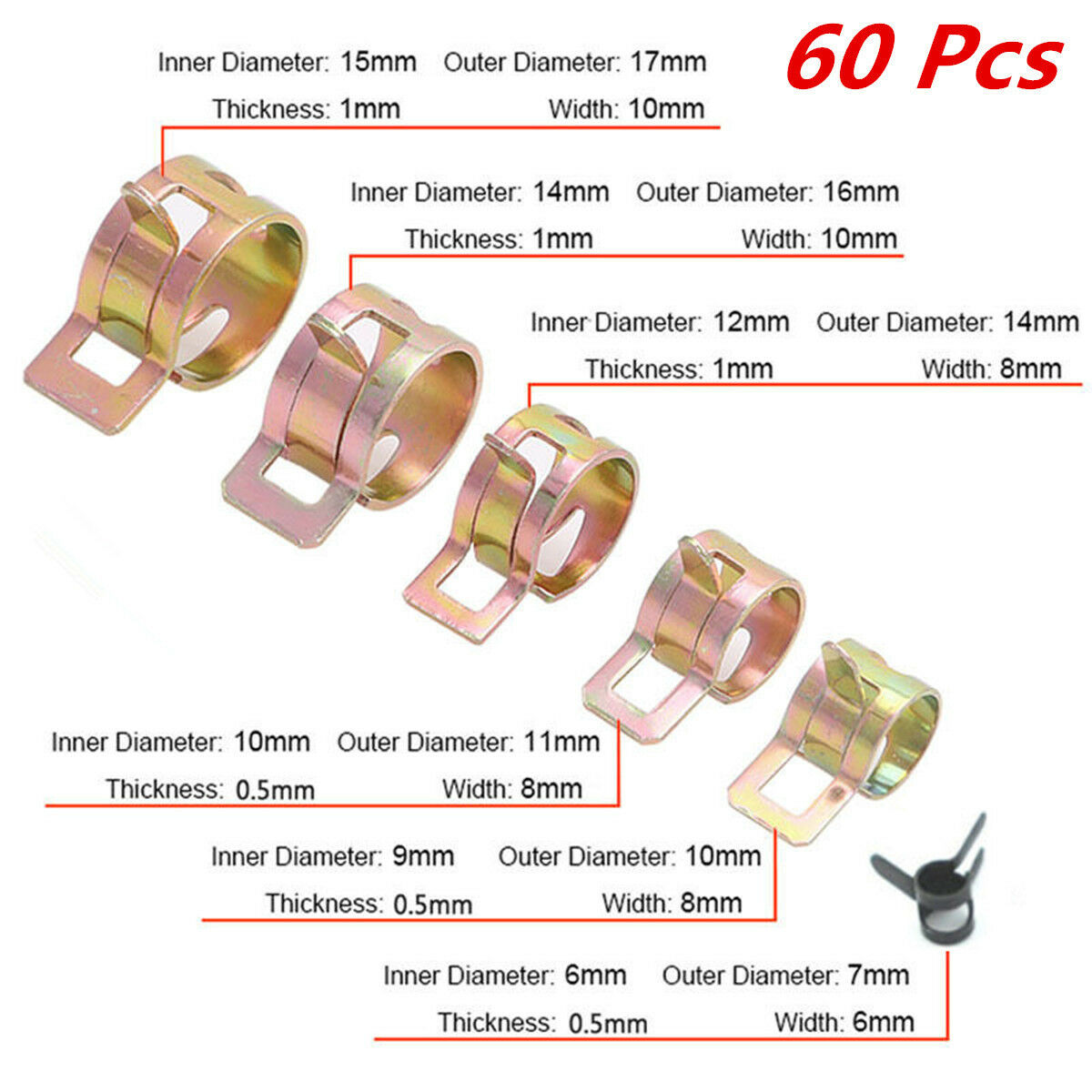 60pcs Spring Clip Fuel Oil Water Hose Pipe Fastener Tube Clamp 6-15mm 6 Sizes