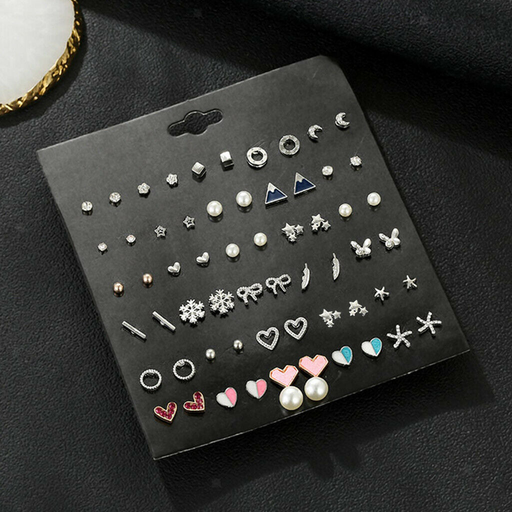 Set of 30 Female Casual Crystal Butterfly Moon Mixed Ear Studs Earrings Set