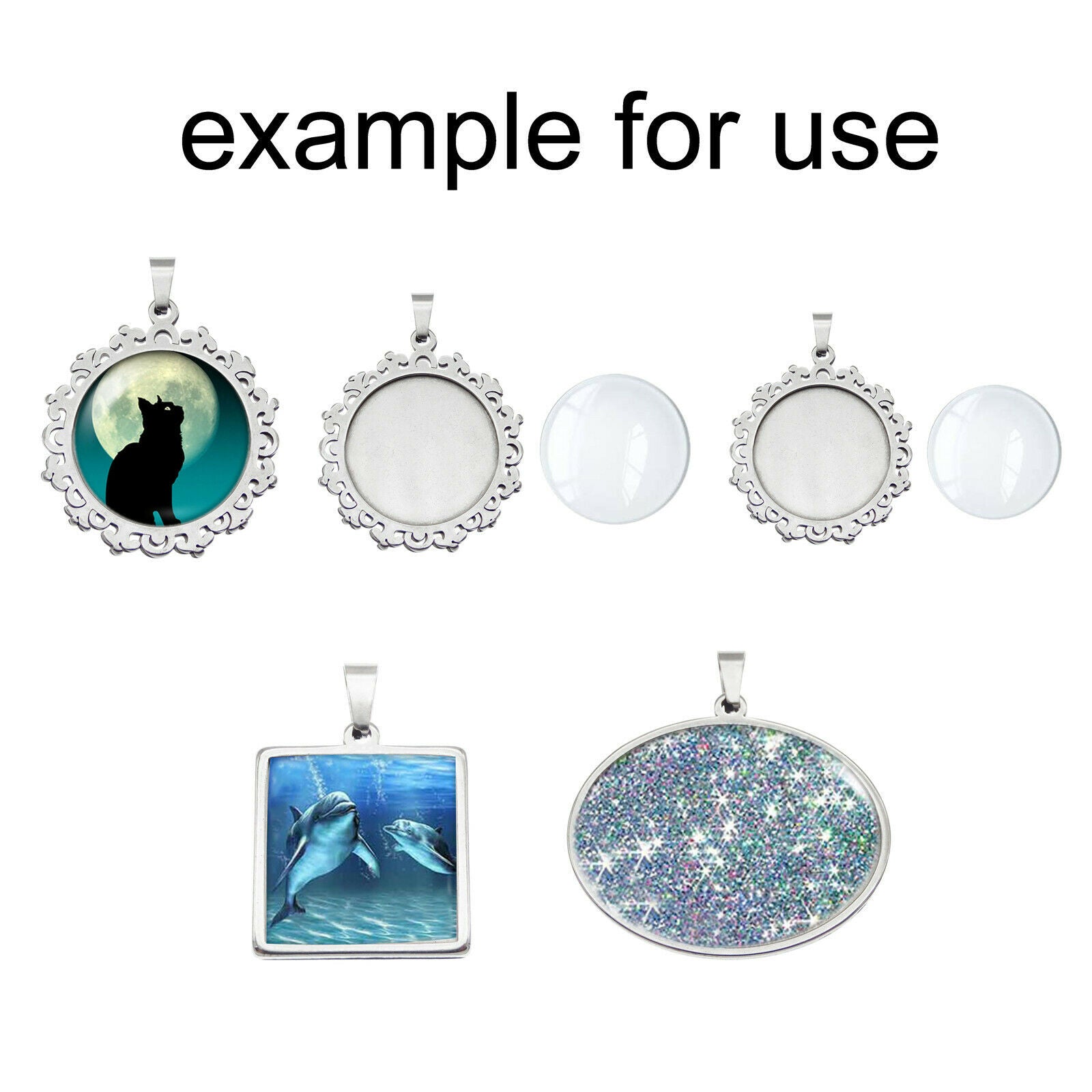 5 Mix Stainless Steel Bezel Frames with Glass Cabochons Photo Art Pendant DIY