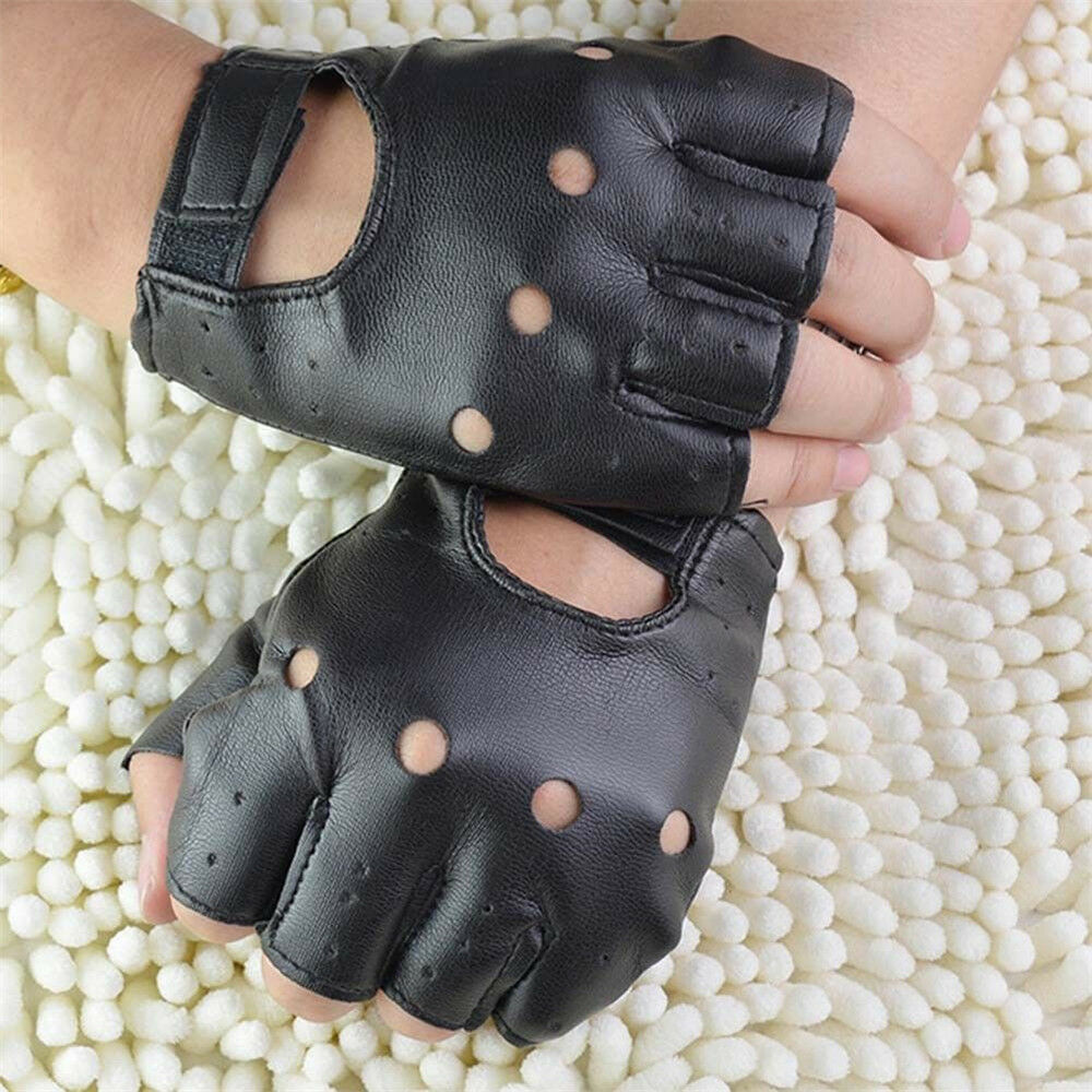 Mens Punk Fuax Leather Gloves Half Finger Fingerless Biker Cycling Sports Black