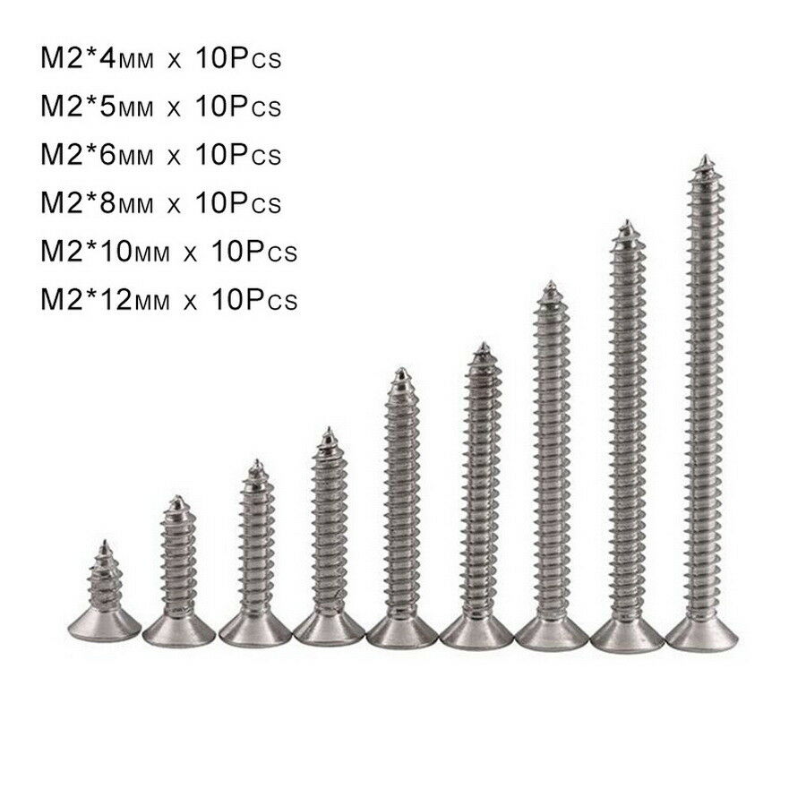 60Pcs M2*4-12mm Phillips Countersunk Self Tapping Screws Set length Ni-plated