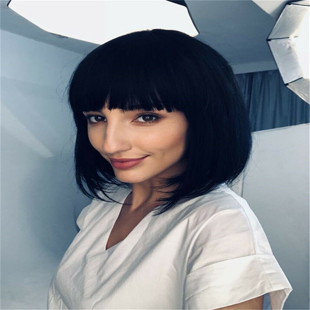 Synthetic Wigs for Women,Natural Straight Hair Black Wig with Bangs