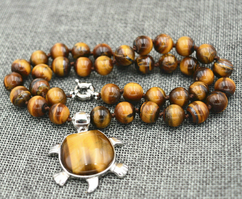 18" Beautiful 10mm African Roar Tiger's Eye Turtle Pendant Necklace AAA