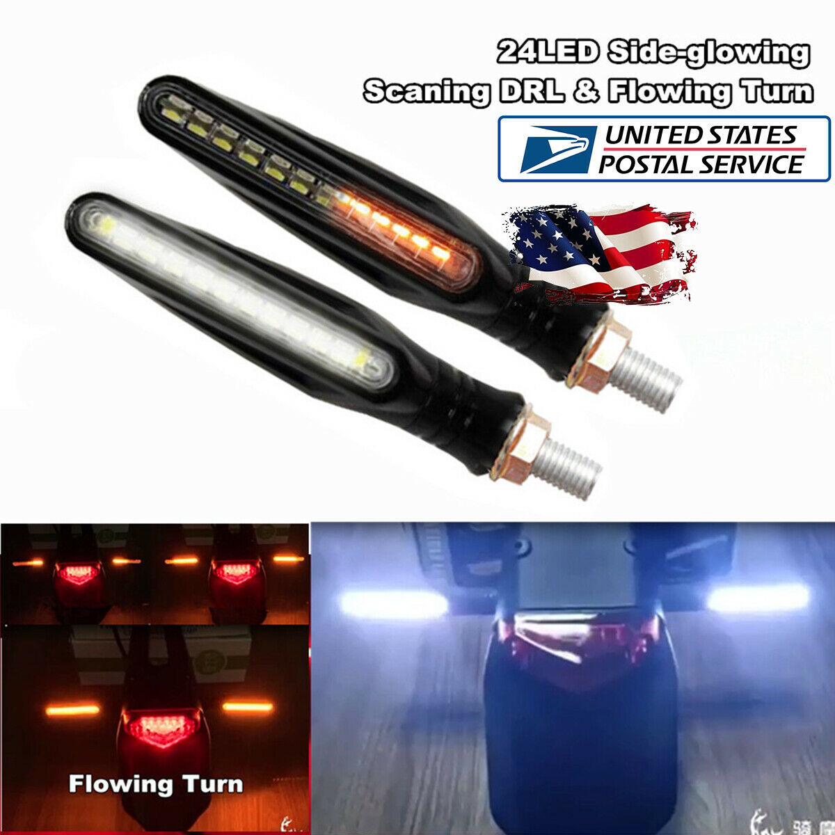 Pair Motorcycle Turn Signal Indicator Light Amber White Dual Flowing Lamp 24LED