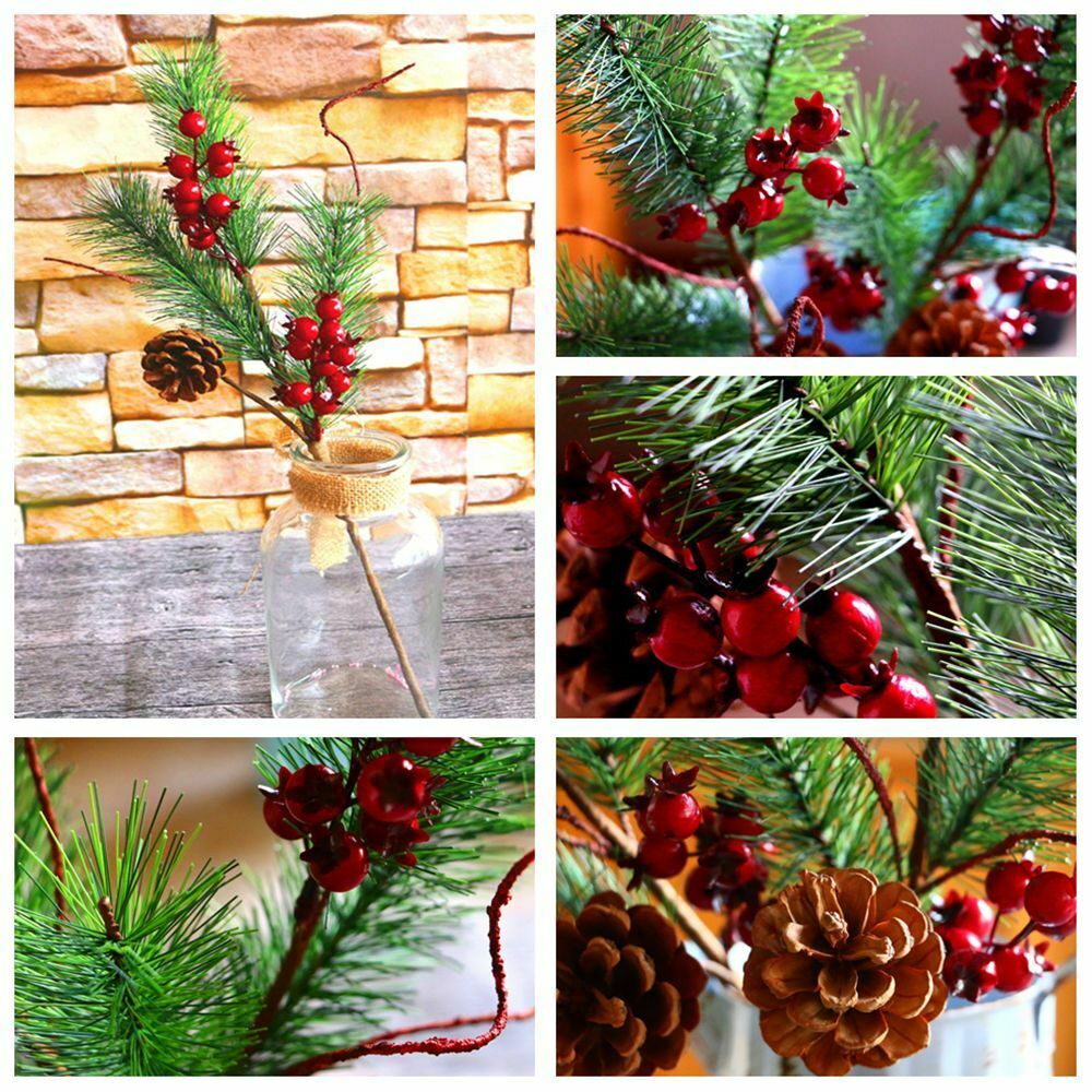 DIY Red Berries Bouquets Simulation Pine Branch Artificial Pine Needles