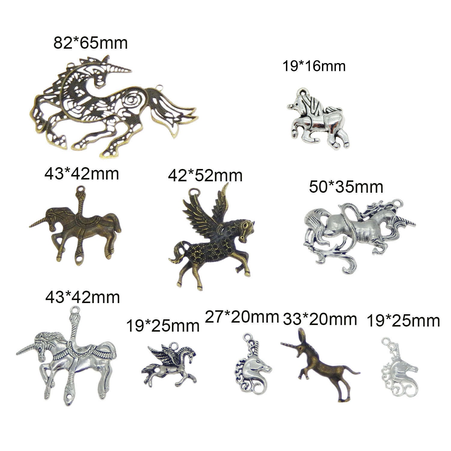 10 Mixed Metal Alloy Unicorn Charms Pendants DIY Jewelry Making Accessories
