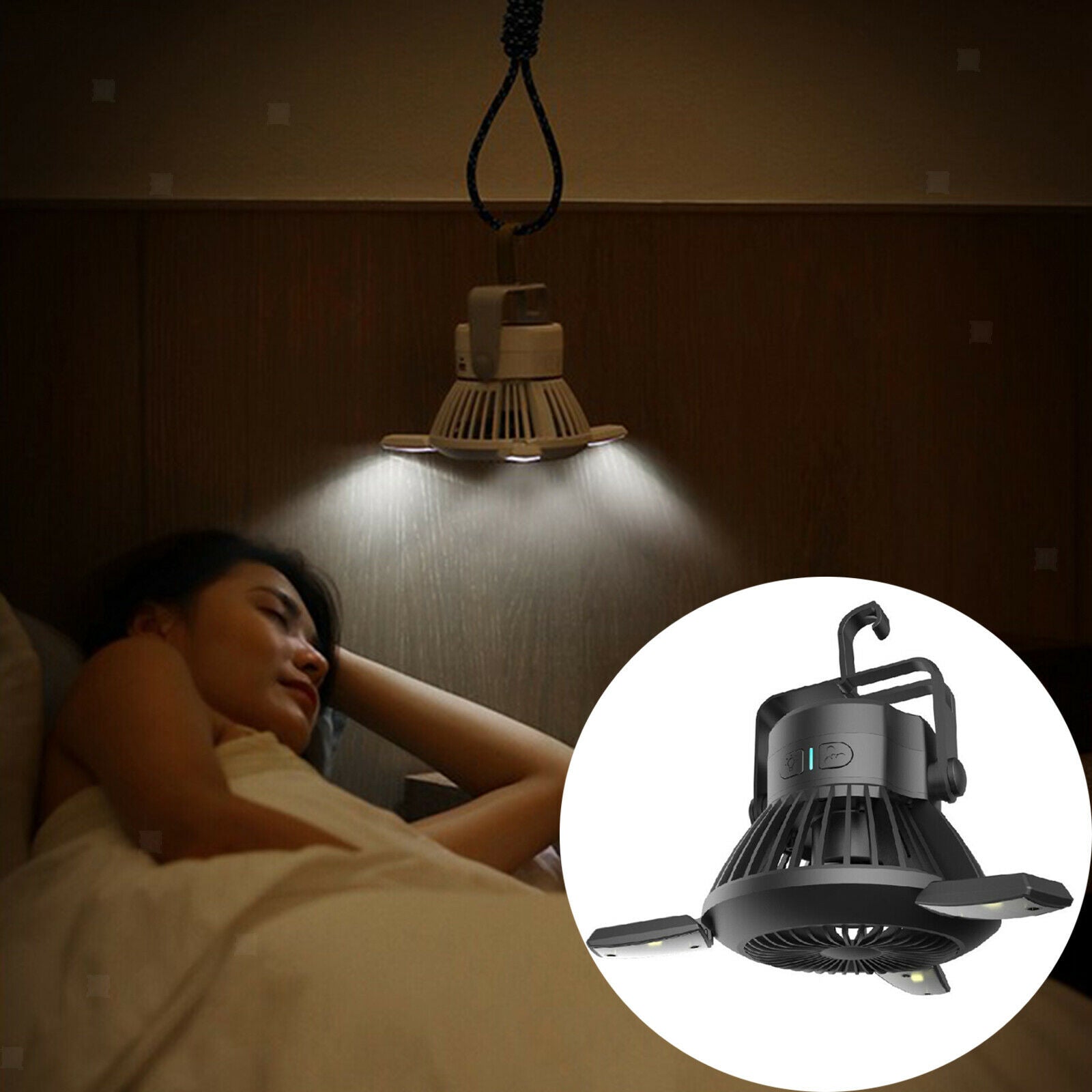 Camping Fan with LED Lights Solar Hanging Battery Operated for Car Lantern