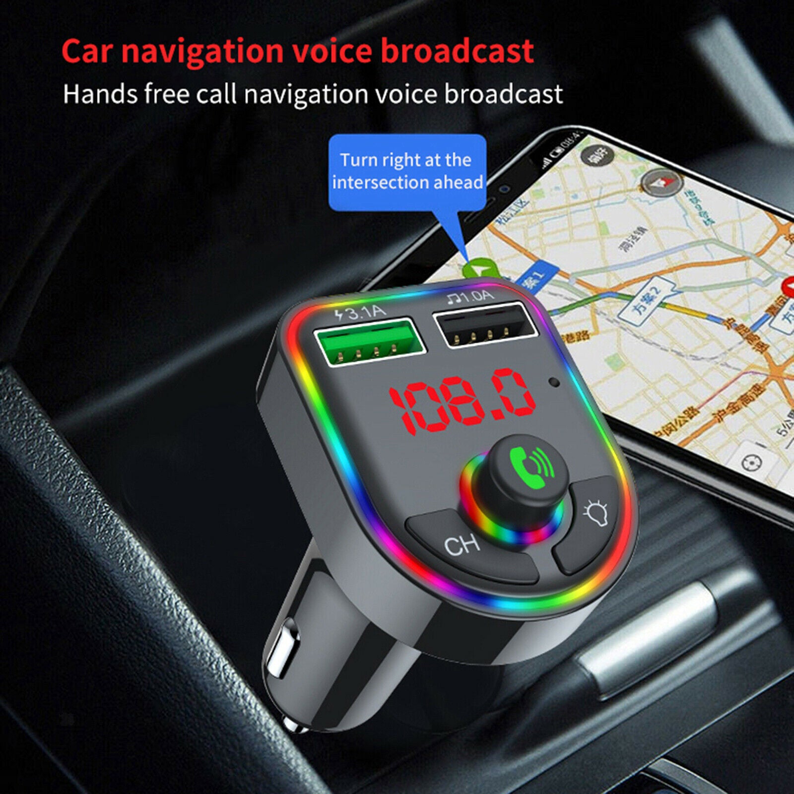 Auto Car Wireless Bluetooth V5.0 FM Transmitter Quick Charge Kit 2 USB Ports