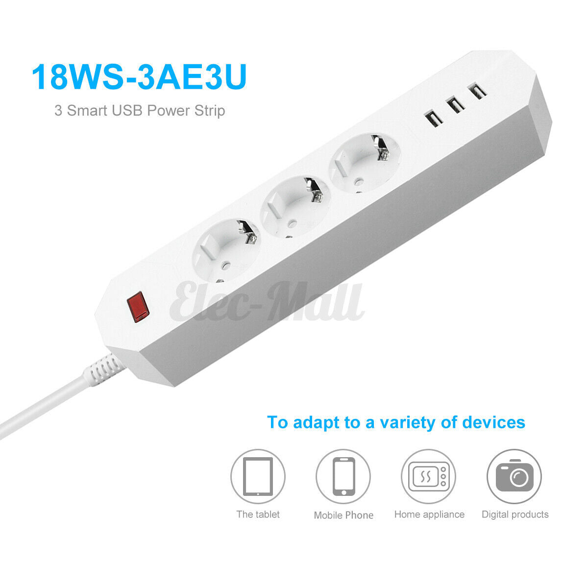 1.8M 3 Outlet Power Strip Surge Protector with 3 USB Ports Lightningproof Socket