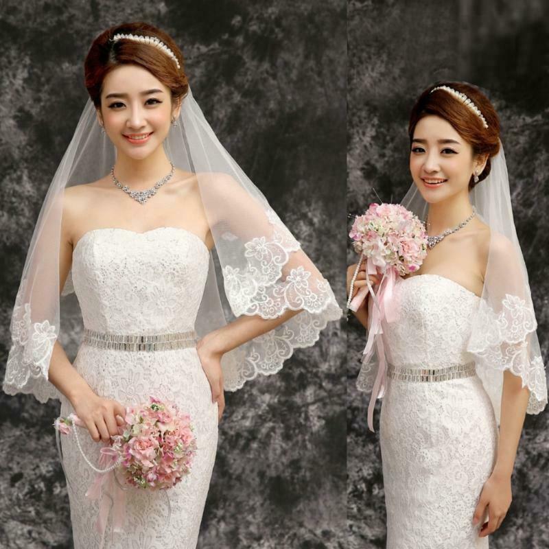 150cm Women Bridal Short Wedding Veil White One Layer Lace Flower Edge Appliques