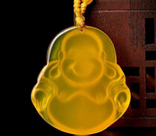 Beautiful Natural Hand-carved Yellow Agate Maitreya Buddha Chalcedony Pendant