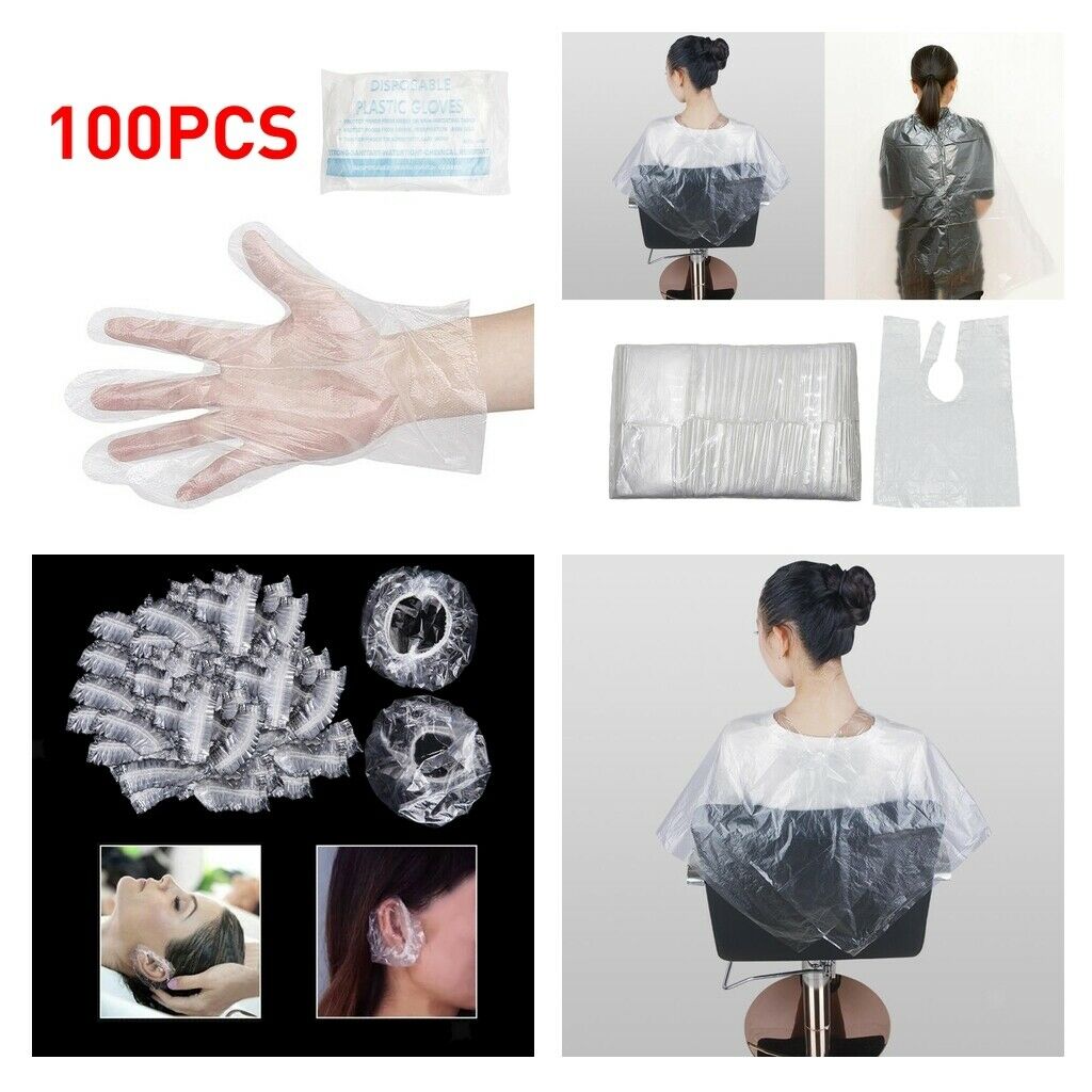 100Pcs Disposable Hair Cut Salon Gowns Capes Cloth Apron + Ear Cover Gloves