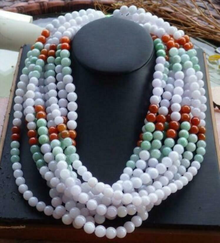 1pcs Certified Natural 8MM 3 Color A JADE Jadeite Round Beads Necklace 20"