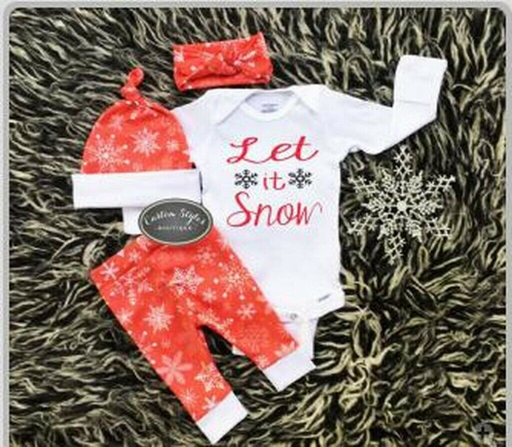 4pc Infant Toddler Christmas Snowflake Romper+Pants+Hat+Headband Clothes Outfits