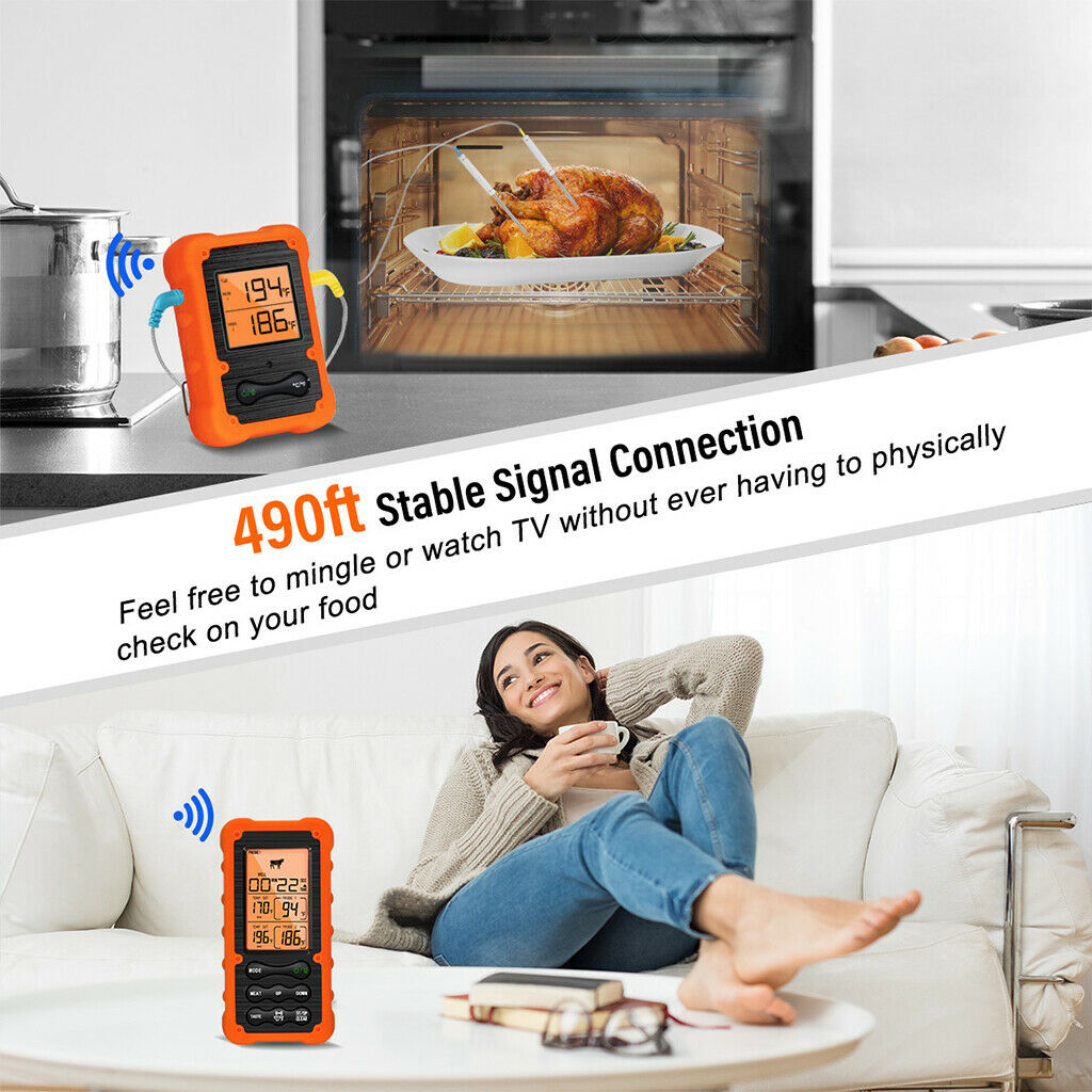 Remote Meat Thermometer Stainless Steel Probes Food Grill Thermometer