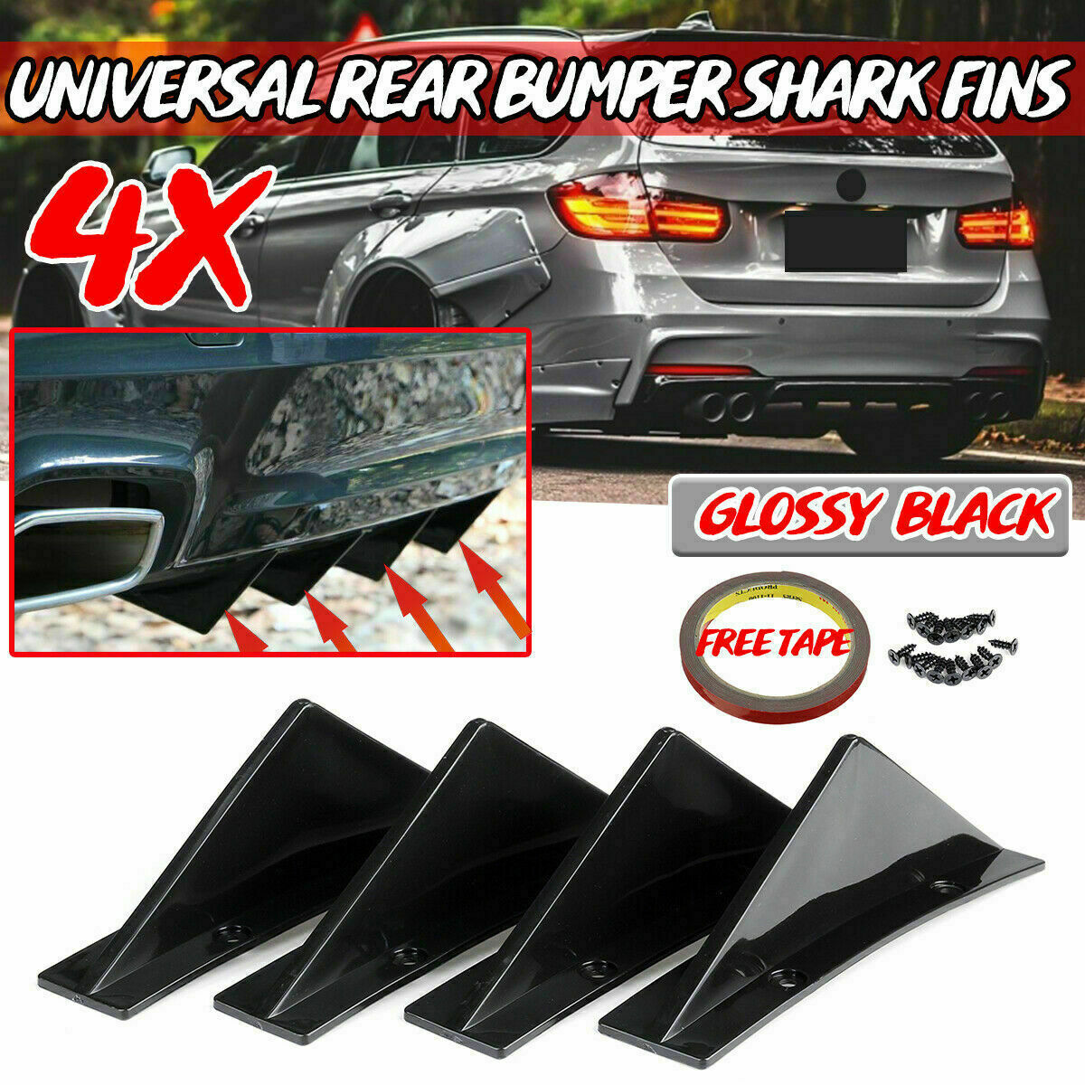 4PC Universal Rear Bumper Diffuser Spoiler Lip Splitter Shark Fin Trim Cap Cover