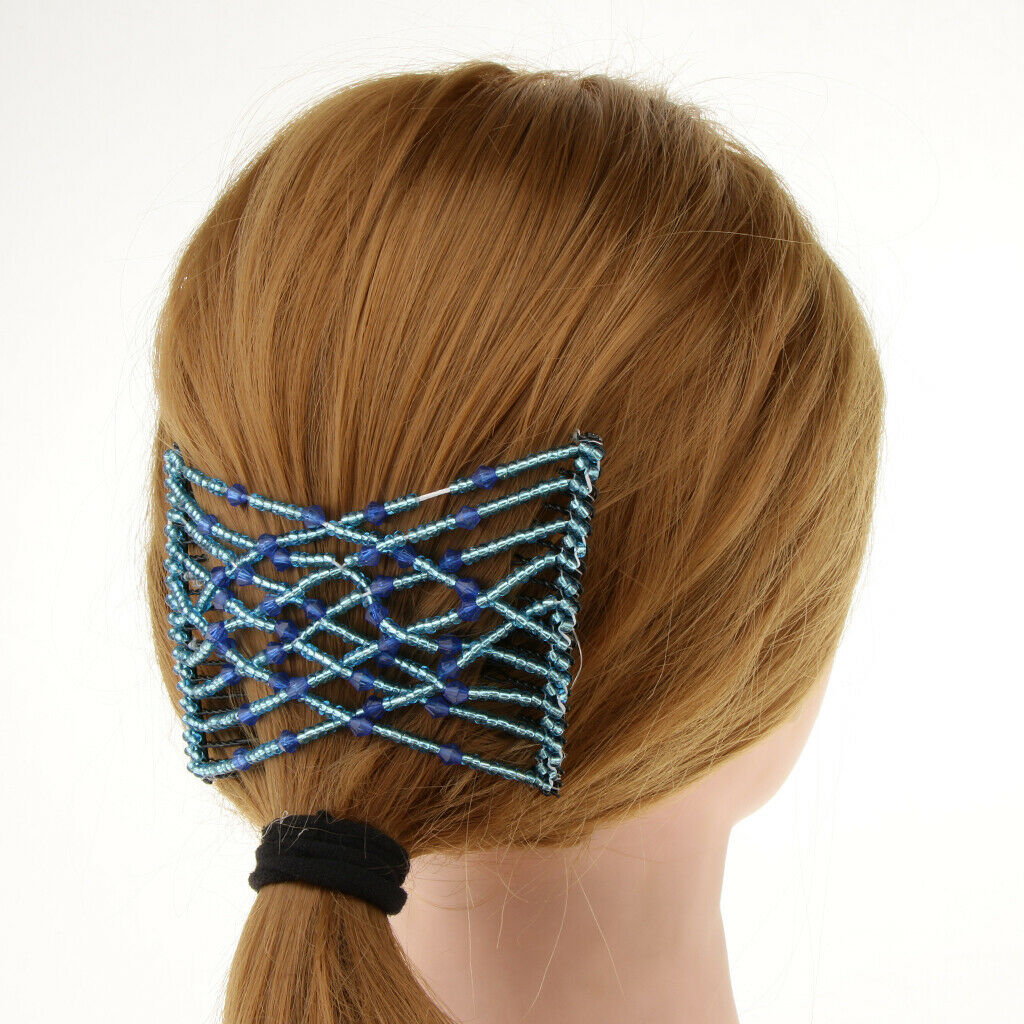 Women's Double Hair Comb Clips Magic Beads Stretchy Hair Styling Tools Blue