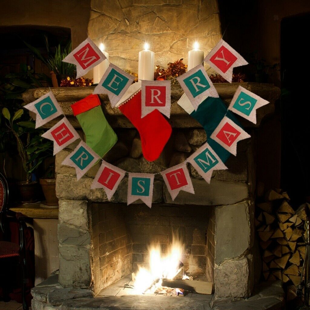 Merry Christmas Burlap Bunting Banner Garland Sign for Christmas Party Decor
