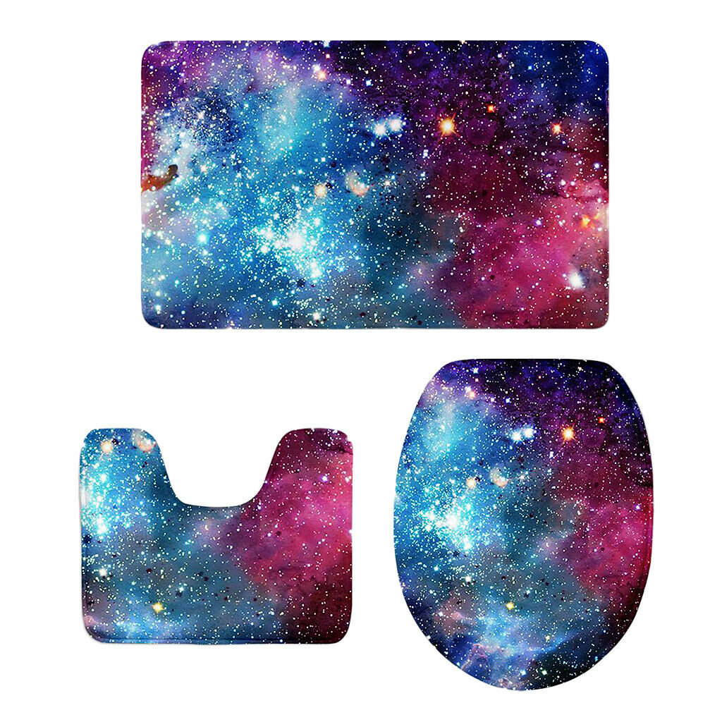 3 Pieces Combo Starry Sky Print Toilet Lid Non Slip Bathmat Bathroom Rug #2