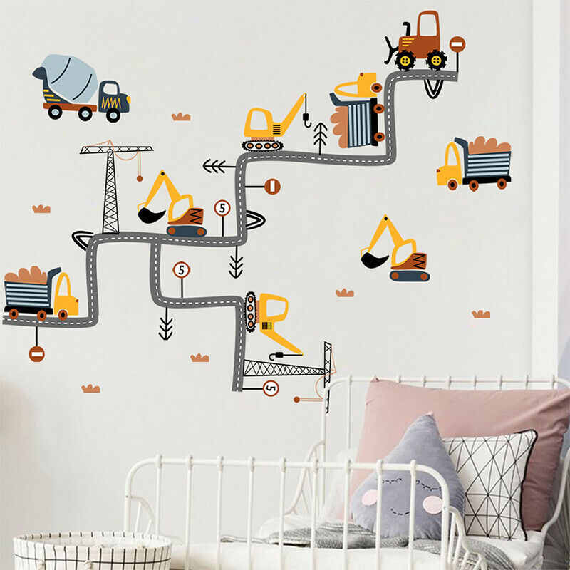Cartoon Excavator Road Wall Stickers For Kids Baby Rooms Boys mural artM Qx