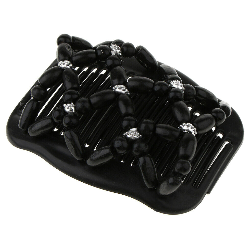 2pcs Black Double Hair Slide Comb Clip Wooden Beaded Elastic Bun Maker Party