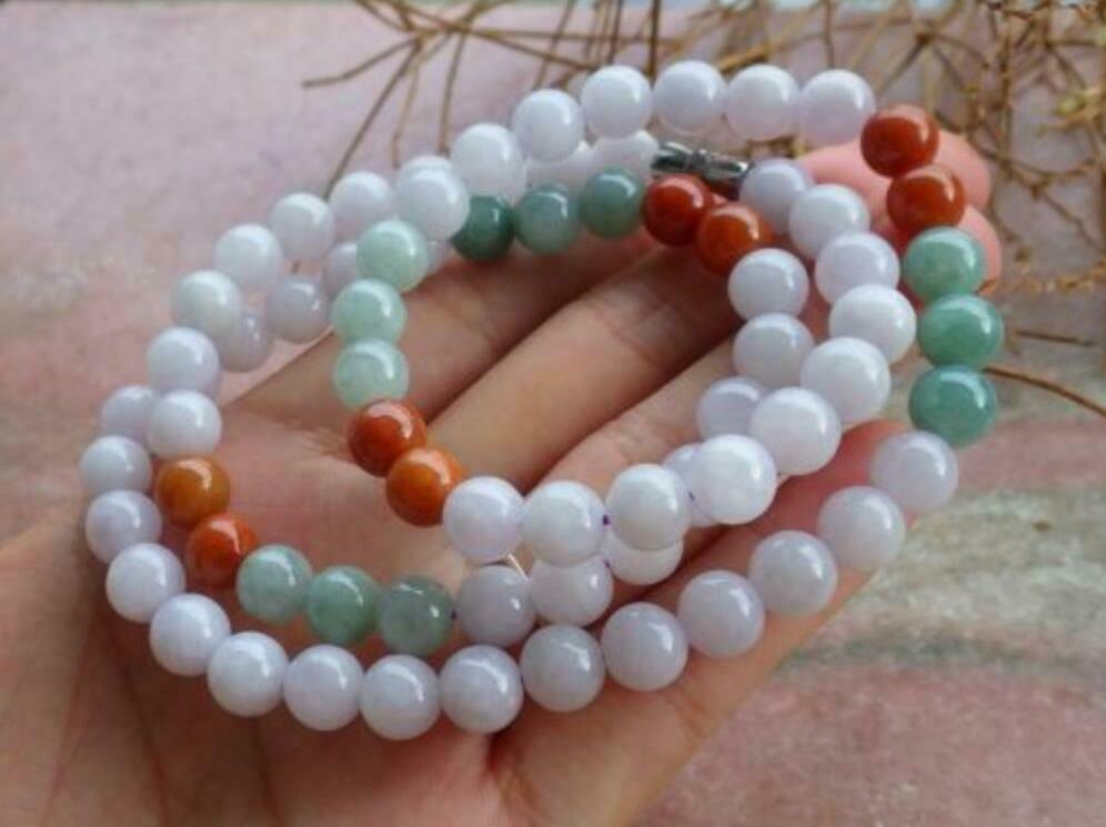 1pcs Certified Natural 8MM 3 Color A JADE Jadeite Round Beads Necklace 20"