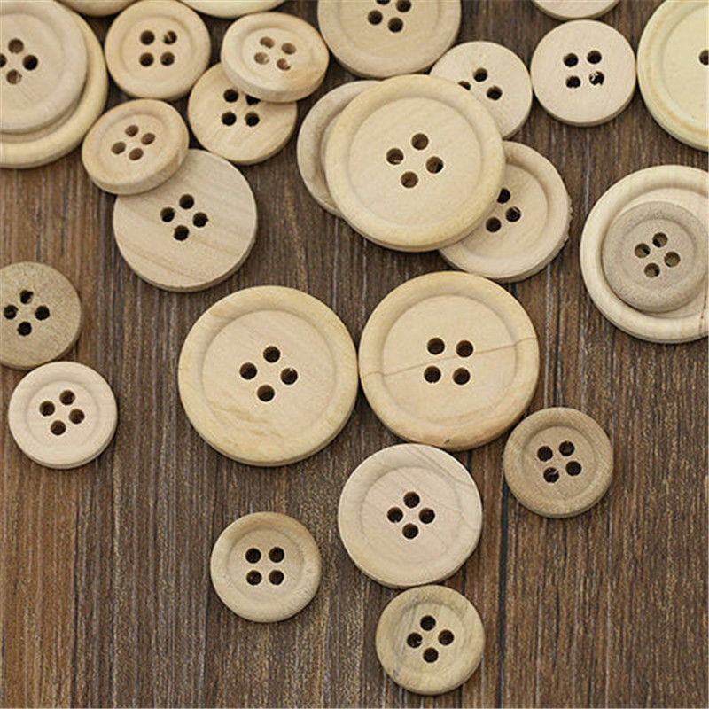 50x Mixed DIY Wooden Buttons Natural Color Round 4-Holes Sewing Scrapbooking