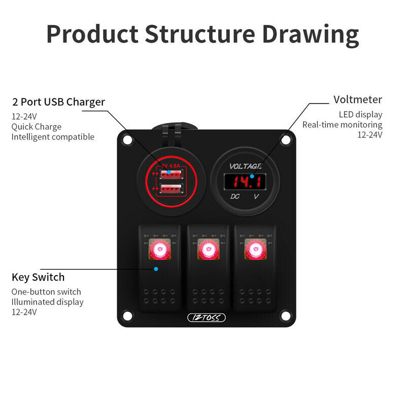 3 Gang Switch Panel 12V/24V Car Boat Yacht Red LED Rocker Breaker Control QC3.0